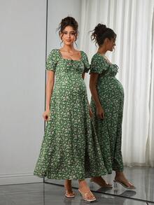 SHEIN Maternity Fashion Print Shirred Dress - Green - View 4