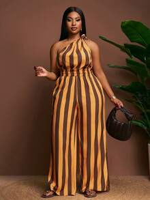 Slaydiva 春夏音乐节/万圣节服装、复活节、西部风、游牧风、生日派对、毕业典礼、学生装、日常休闲、百搭基础款、休闲、邮轮旅行、海滩、日光浴、潮流单品、商务休闲、单肩、扭结、露肩、露背、短款上衣和直筒宽松裤、荷叶边、口袋、纹理面料、大码两件套 - 棕色条纹、夏季服装 - 棕色 - 查看 6