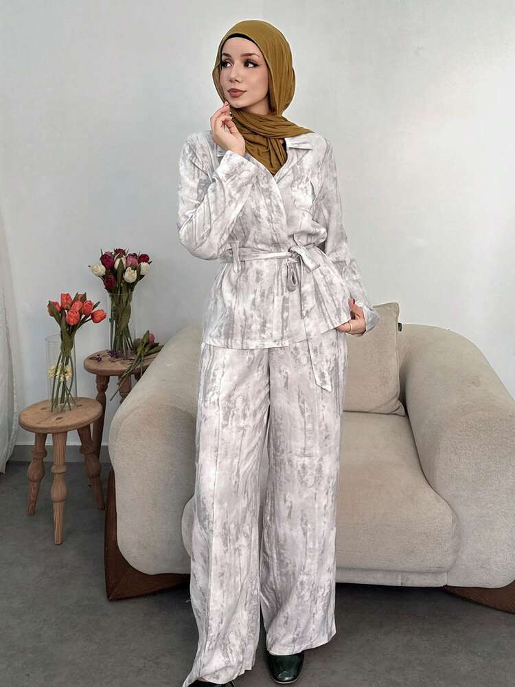 2pcs Women Casual Collared Cinched Waist Printed Top And Pants Set