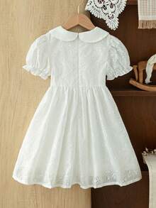Elladie kids 1件女童幼兒夏季新款刺繡布料彼得潘領 3D花卉腰部拼接 3D花卉裝飾泡泡袖後拉鍊設計田園簡約休閒公主洋裝，白色洋裝，少女風，花卉野餐風，早午餐約會 - 白色 - 查看 2