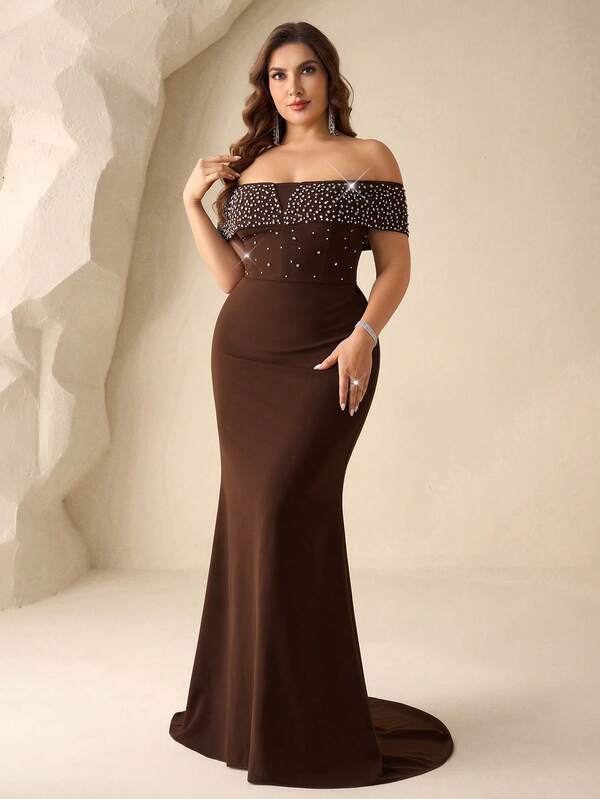 Coutiva Plus Size Women's Rhinestone Decor Off-Shoulder Solid Color Fishtail Hem Elegant Formal Evening Gown Off Shoulder Formal Dress Brown Formal Dress Chocolate Brown Dress Brown Dresses Classy Elegant Brown Wedding Guest Dress Plus Size Brown Off Shoulder Rhinestone Bodycon Mermaid Midi Formal Gown  Elegant Plus Off Shoulder Rhinestone Cloak Sleeve Brown Mermaid Evening Dress  Women Plus Size Brown Off The Shoulder Rhinestone Mermaid Bodycon Formal Dress