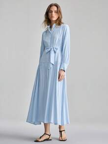 Ontre Women's Striped Knotted Waist Casual Dress, Suitable For Daily Wear, Dates And Outings - Blue - View 2