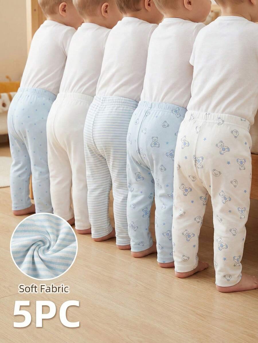 Souflis Souflis 5pcs/Set Infant/Baby Boys' Casual All-Match Patterned Leggings, Versatile Everyday Wear, Hello World Design, All Season - Multicolor - View 1