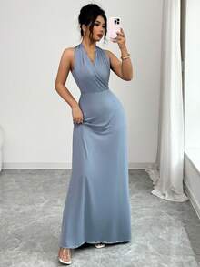 Rafferiza 女士新款优雅浪漫浅蓝色针织披肩连衣裙 - 可调节腰带，收腰飘逸长款连衣裙 - 灰藍色 - 查看 4