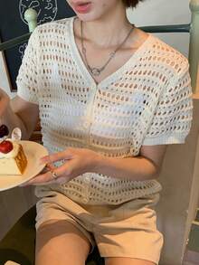 DAZY Women's Summer French Niche Design Single-Breasted V-Neck Thin Hollow Out Short Sleeve Knit Sweater Top - Apricot - View 5