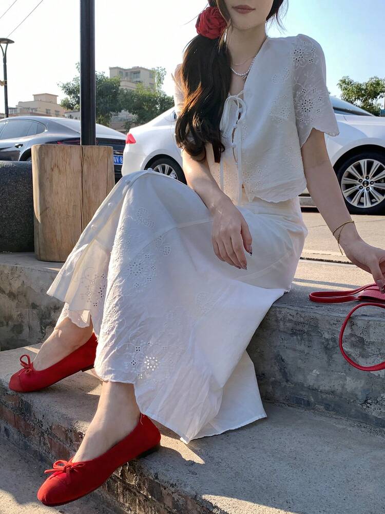 Women's Lace Embellished Korean Style Blouse & Skirt Set, Fresh And Elegant For Party, Spring/Summer