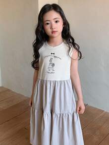 DAZY Young Girl Round Neck Casual Floral Print Colorblock Cute Dress Summer - Baby Pink - View 6