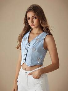 Selenza Áo khoác gile denim nữ cổ chữ V đính sequin hình ngôi sao và cài cúc phía trước - Rửa nhẹ - Xem 8
