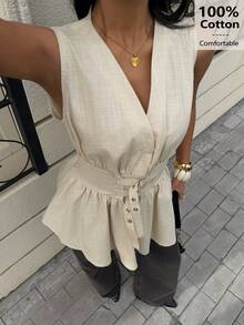 Siren Gaze 100% Cotton V Neck Sleeveless Peplum Shirt With Double Waist Belts, Soft & Skin-Friendly, Apricot Color, Suitable For Work And Vacation, Elegant Ladies Blouse, Butter Yellow Blouse, Summer Casual - Apricot - View 3