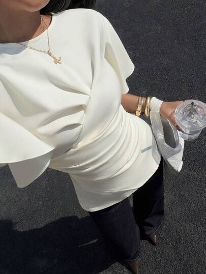 Siren Gaze Bluză de damă cu volane, culoare solidă, guler rotund, culoare uni, la modă, versatilă, pentru întâlniri și ieșiri, cu mâneci cu volane