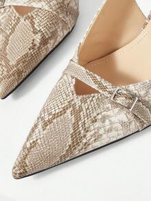 Mnmlis Snake Skin Embossed Metal Buckle Sandals, Pointed Toe Chunky Heel Design, French Retro Niche High-End Shoes - snake pattern - View 4