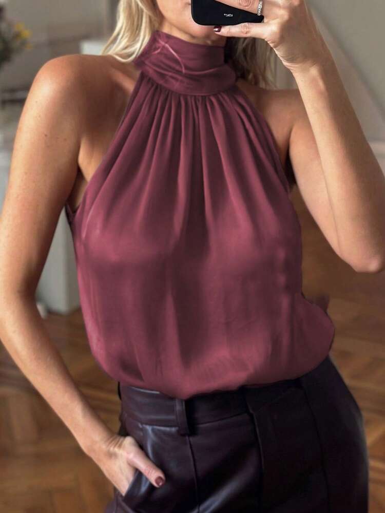 Elegant High Neck Sleeveless Loose Red Women Tank Top Summer