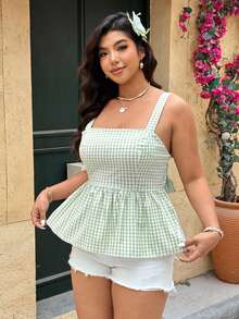 SHEIN LUNE Plus Size Women's Sage Green Cute Elegant Picnic Holiday Summer Bowknot Backless Ruffle Hem Casual Camisole Baby Doll Tank Top - Green - View 3