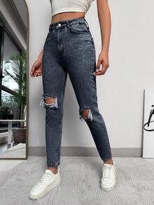 EURMUSE 100%Cotton High Waisted Ripped Jeans - Dusty Blue - View 3