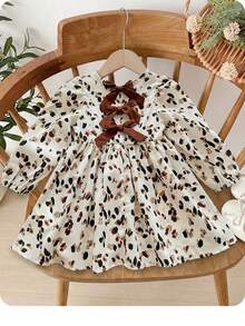 Babygirl Cute & Elegant Floral Bow Loose Long Sleeve Dress Baby Girl Boho Dress Leopard Dress Animal Print Clothes Toddler Baby Fall Dress - Beige - View 7