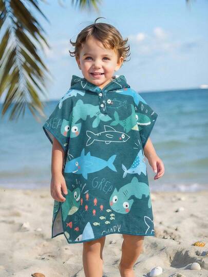 Toddler Boys Hooded Animal Print Swim Cover Up Long Sleeveless Towel Poncho For Vacation Toddler Beach Cover Up Hooded Beach Poncho Hooded Poncho Towel