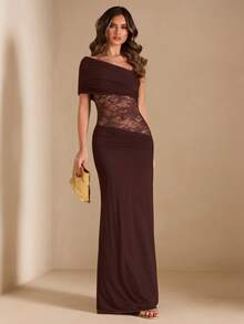 SHEIN BAE 早春纯棕色浪漫情人节及约会之夜度假女士蕾丝腰部拼接修身美人鱼连衣裙，派对礼服，浪漫约会礼服，伴娘迷你裙，舞会礼服，棕色连衣裙，生日迷你裙，度假连衣裙 - 棕色 - 查看 4