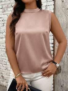 EMERY ROSE Satin Sleeveless Turtleneck Top With Draped Open Back Design - Coffee Brown - View 5