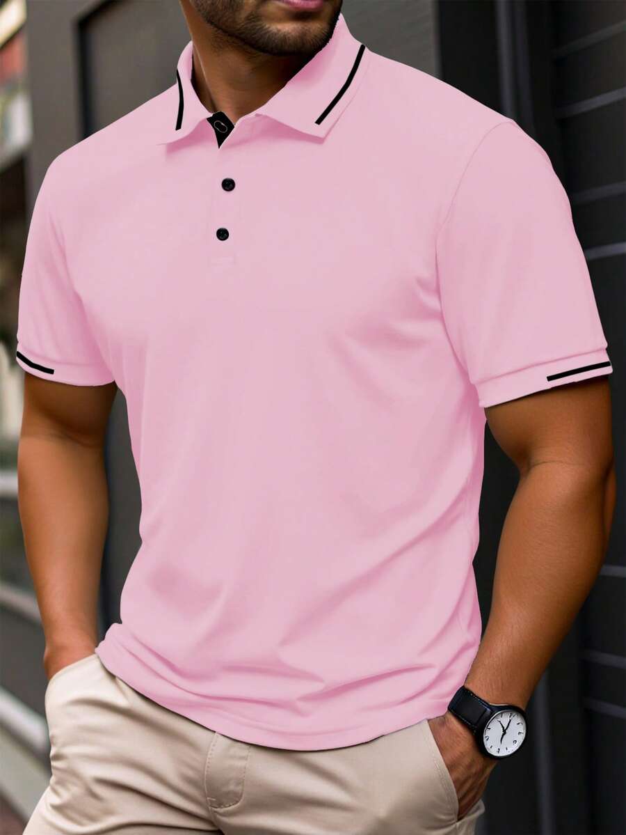 Manfinity Homme 男士休闲纽扣半开襟 Polo 衫 男士夏季纯色 Polo 衫 男士 Polo 衫 翻领男士休闲 Polo 衫 - 粉色 - 查看 1
