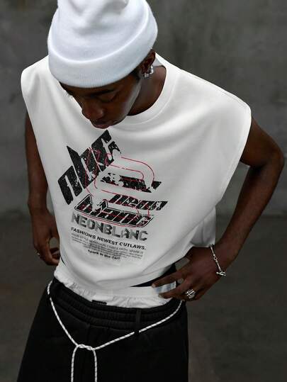 NEON BLANC Men Distressed Letter Print Cropped Tank Top Y2K Street Fashion Casual Summer Sleeveless Brand Graphic Vest