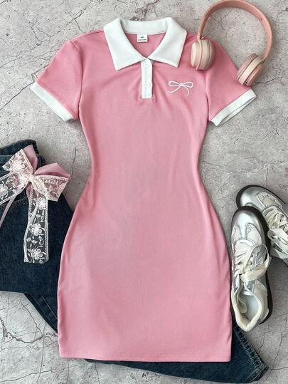 SHEIN Tween Girl Pink And White Casual Personality Contrast Collar Ribbed Knit Buttons Snug Fit Dress,Summer Dresses ,Butterfly Embroidery