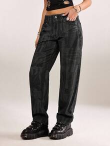 plantica 休闲性感都市时尚简约女式黑色印花直筒牛仔裤，适合外出、旅行、约会、派对、假期、情人节、春夏穿着。 - 黑色 - 查看 4