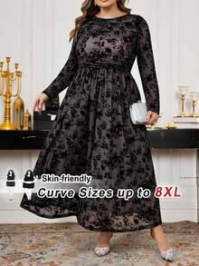 SHEIN CURVE+ Váy dài tay ôm dáng thoải mái, thanh lịch, sang trọng, thoải mái cho buổi tối hẹn hò đầu xuân cỡ lớn, nhà hàng cao cấp, đa năng, váy co giãn, váy dự tiệc, váy dạ hội, đám cưới/2026/năm mới - màu đen - Xem 2