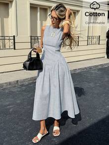 Siren Gaze 女士条纹无袖中长连衣裙 舒适夏季A字摆裙 时尚女士白蓝条纹无袖长裙 浅蓝色长裙 条纹长裙 夏季优雅连衣裙 休闲长裙 - 藍白色 - 查看 2