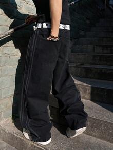 Manfinity EMRG Jeans anchos y sueltos de estilo casual y urbano con rayas de contraste negro en los lados para hombres - Negro - Ver 5