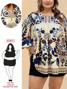 SHEIN CURVE+ Curve 加大码 US22 音乐节、海滨度假、波西米亚风 CURVE PLUS / 女士热带复古图案长袖圆领系带衬衫 8XL 女装 波西米亚风上衣 女装衬衫 - 彩色 - 查看 1