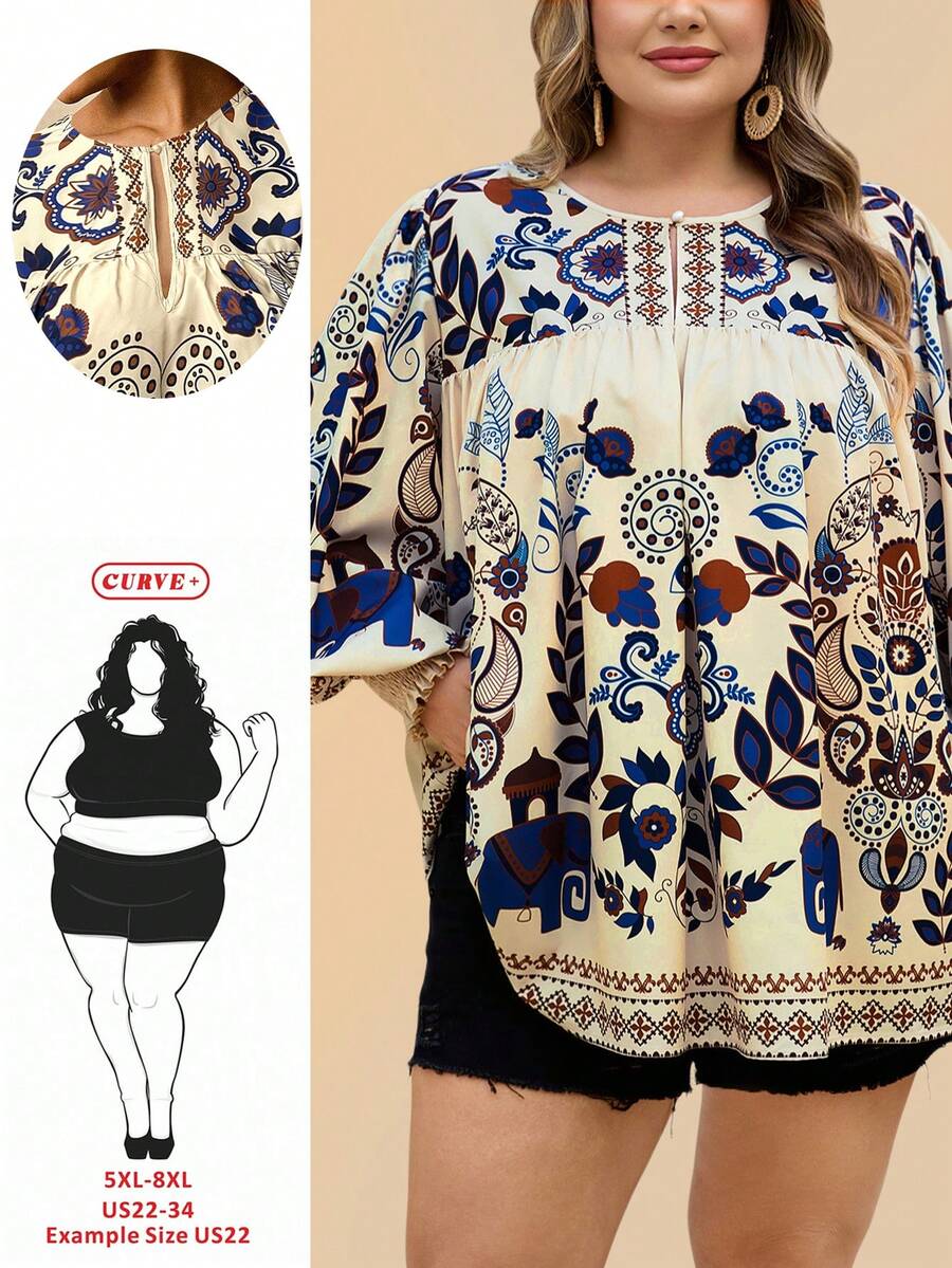 SHEIN CURVE+ Curve 加大码 US22 音乐节、海滨度假、波西米亚风 CURVE PLUS / 女士热带复古图案长袖圆领系带衬衫 8XL 女装 波西米亚风上衣 女装衬衫 - 彩色 - 查看 1