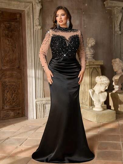 Aureia Plus Size Elegant Romantic Black High Collar Long Sleeve Sheer Luxury Sequin Patchwork Knit Satin Embedded Sequins Bubble Hem High Slit Mermaid Hem Dress, Suitable For Wedding, Party, Celebration, Formal Dinner (Heavily Embellished Design)