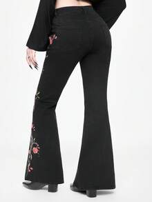 ROMWE Goth 女款哥特式蛇纹花卉刺绣低腰修身喇叭裤 - 黑色 - 查看 4