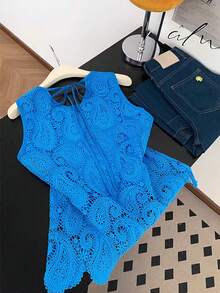Resyla Women's Summer Casual Vacation Water-Soluble Lace Tie Back Blouse - Blue - View 2