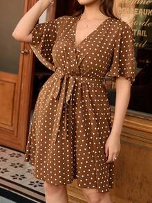 SHEIN Unity Plus Size Polka Dot Wrap Ruffle Hem Short Sleeve Summer Dress - Coffee Brown - View 6