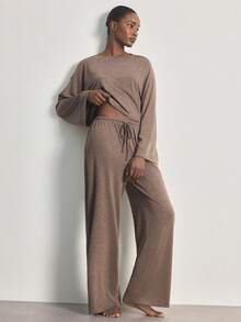 Ocili 2pcs Comfortable Soft Bamboo Knit Round Neck Long Sleeve Top And Pants Women Pajama Set, Summer - Coffee Brown - View 2