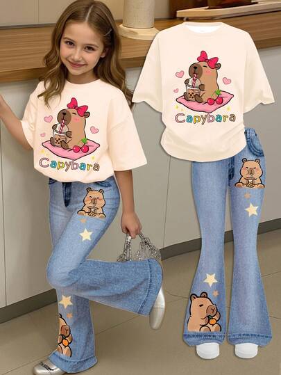 奶油色可爱复古卡通动物，水豚蝴蝶结爱心星星印花图案