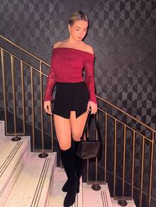 Bethéva SHEIN Short-Saia Com Cintura Elástica E Fenda Frontal Black Summer Casual - Black - View 1