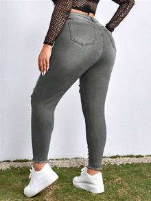 SHEIN ICON Plus Size Women Casual Everyday Wear Distressed Pocket Button Design Denim Jeans - Dark Grey - View 2