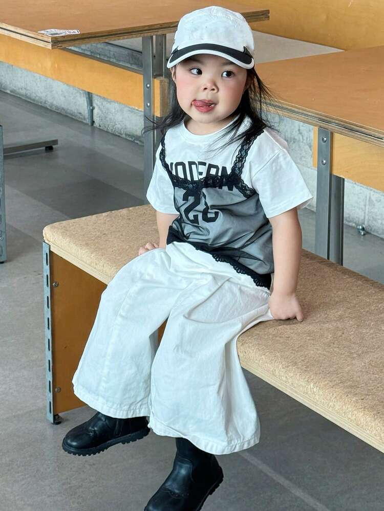 Baby Girls' Round Neck Lace Contrast Color 2 In 1 Korean Style T-Shirt Toddler Girls Clothes