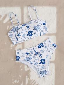 Swim Lushoire Women's Summer Beach Casual Vacation Travel Ocean Random Print Bandeau Top And Sexy High Waist Bikini Bottom 2-Piece Swimsuit - Blue and White - View 7