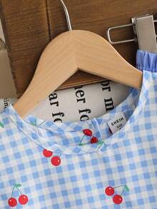 SHEIN 2pcs/Set Young Girls Textured Fabric Short Sleeve Button Back T-Shirt & Casual Long Pants Outfit - Blue - View 4
