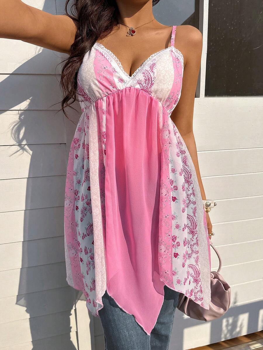 Cévolie 女士蕾丝边吊带背心，性感修身深V领无袖上衣，童话摇滚风格，适合度假和派对，时尚百搭，是送给家人和朋友的绝佳礼物。 - 彩色 - 查看 1