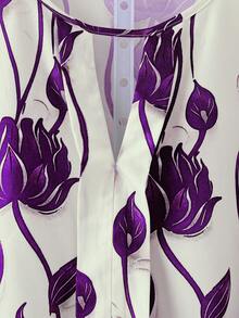 Linhara 大码女式休闲印花圆领长袖衬衫，蓝白印花衬衫，秋季服装，乡村音乐节衬衫，女士秋季衬衫，户外服装，2025新款复古女式灯笼袖衬衫，女士长袖紫色衬衫，女士衬衫 - 紫色 - 查看 4