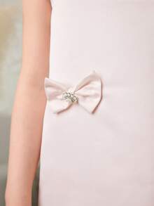 Young Girl Solid Color Satin Dress With Bow Print, Young Girls Blush Pink Summer Flower Girl Formal Elegant Princess Frocks, Ruffle Strap Casual Dress - Baby Pink - View 9