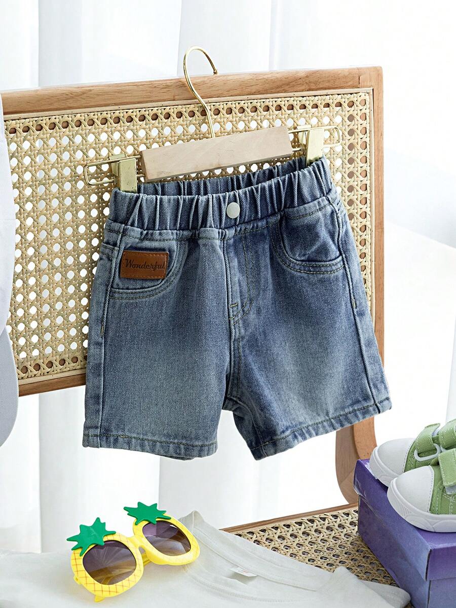 SHEIN Toddler Boys' Vintage Washed Blue Casual Comfortable Elastic Waist Straight Leg Denim Shorts - Light Wash - View 1