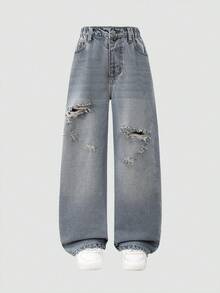 Denimly 男童休闲日常都市街头风弹力腰拉链口袋做旧设计直筒牛仔裤 - 中等水洗藍 - 查看 7