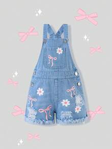 SHEIN Playful Pals 女童藍色雛菊蝴蝶結印花牛仔吊帶短褲兩件組，嬰幼童甜美休閒韓系時髦學院風夏季旅行套裝 - 中等水洗藍 - 查看 4