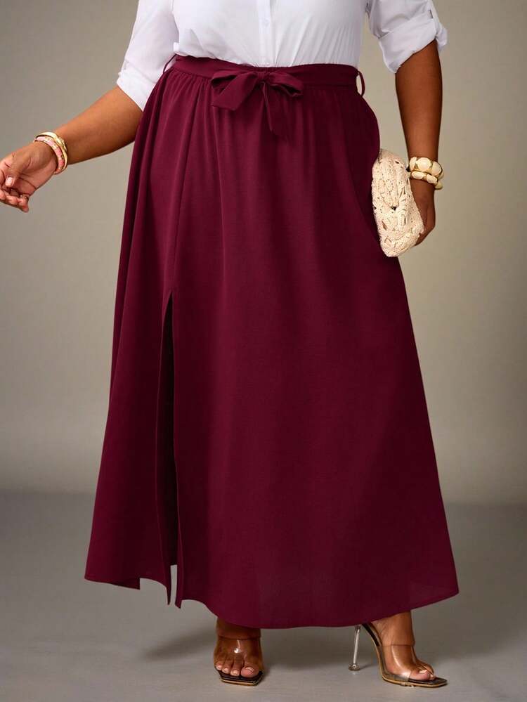 Plus Size Women's Summer Casual Vacation Elegant Belted Split Design Solid Color Skirt, Wine Red, Spring/Summer,Early Spring,Spring Break, Vacation Women, Holiday For Women,Spring Women,Going Out,2026 New,Simple And Fashionable For Everyday Wear, Burgundy Skirt, Maroon Long Skirt, Burgundy Long Skirt, Long Skirt With Slit