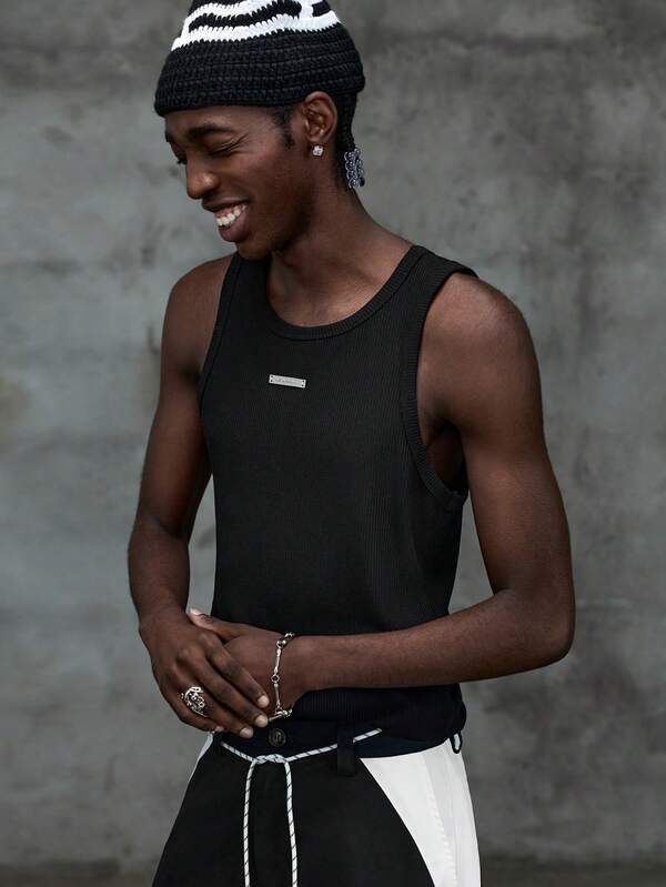 NEON BLANC Débardeur casual ample pour hommes, noir avec panneau arrière brodé, pour l'été